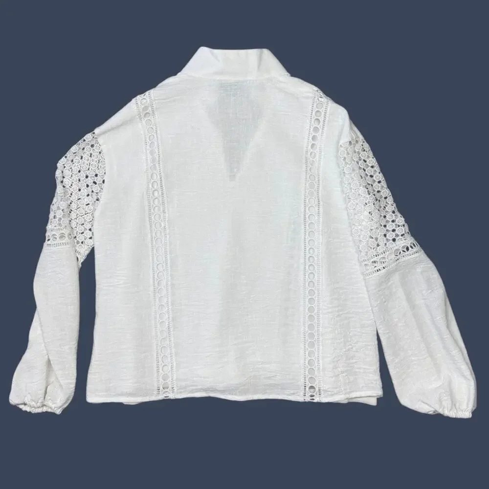 Tuckernuck White Eyelet Lace Cutout Puff Sleeve Jane Blouse Size XS